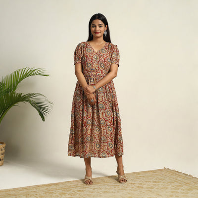 Pedana Block Print Mul Cotton Red Flared Kalamkari Dress