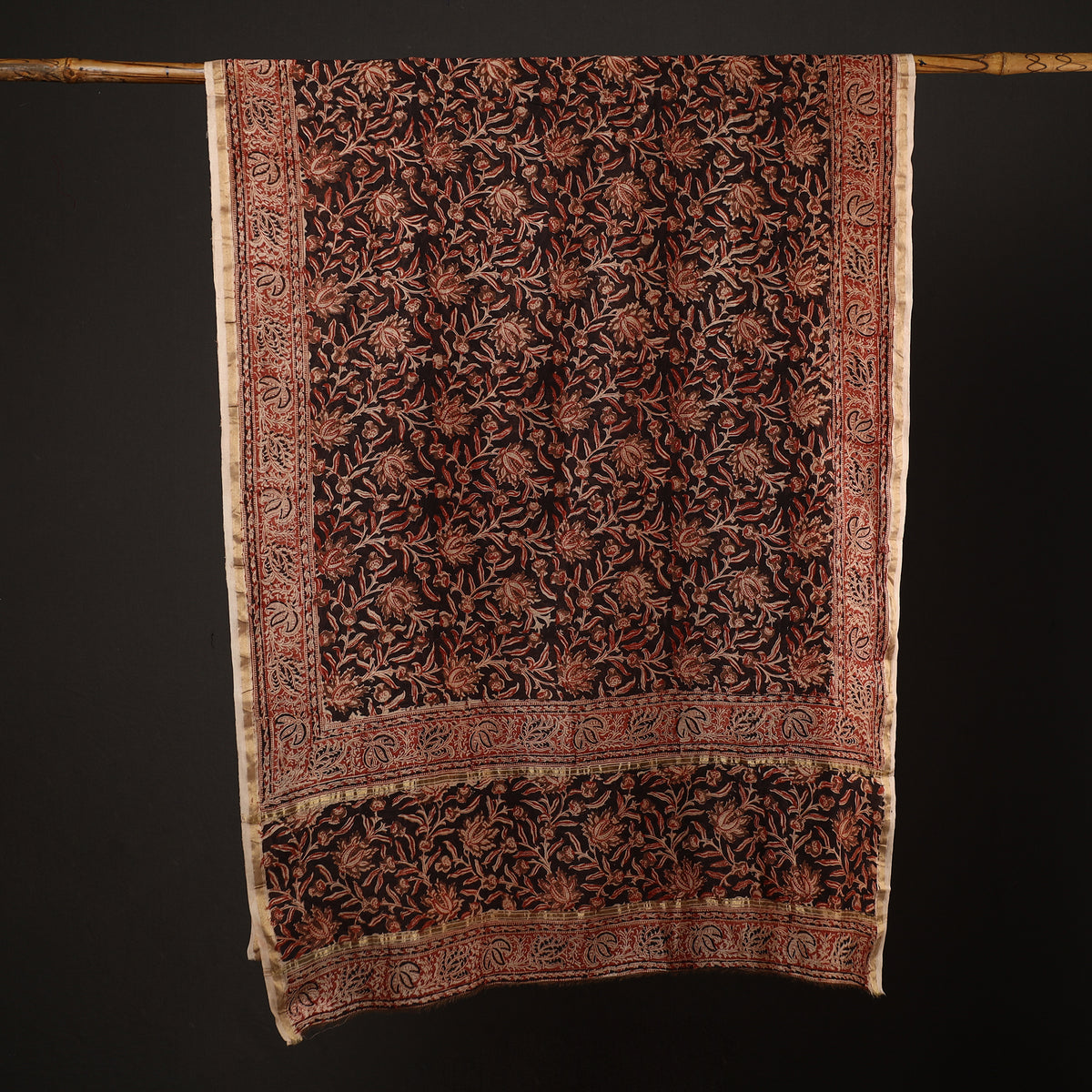 Black - Pedana Kalamkari Block Printed Handloom Chanderi Silk Dupatta with Zari Border 65