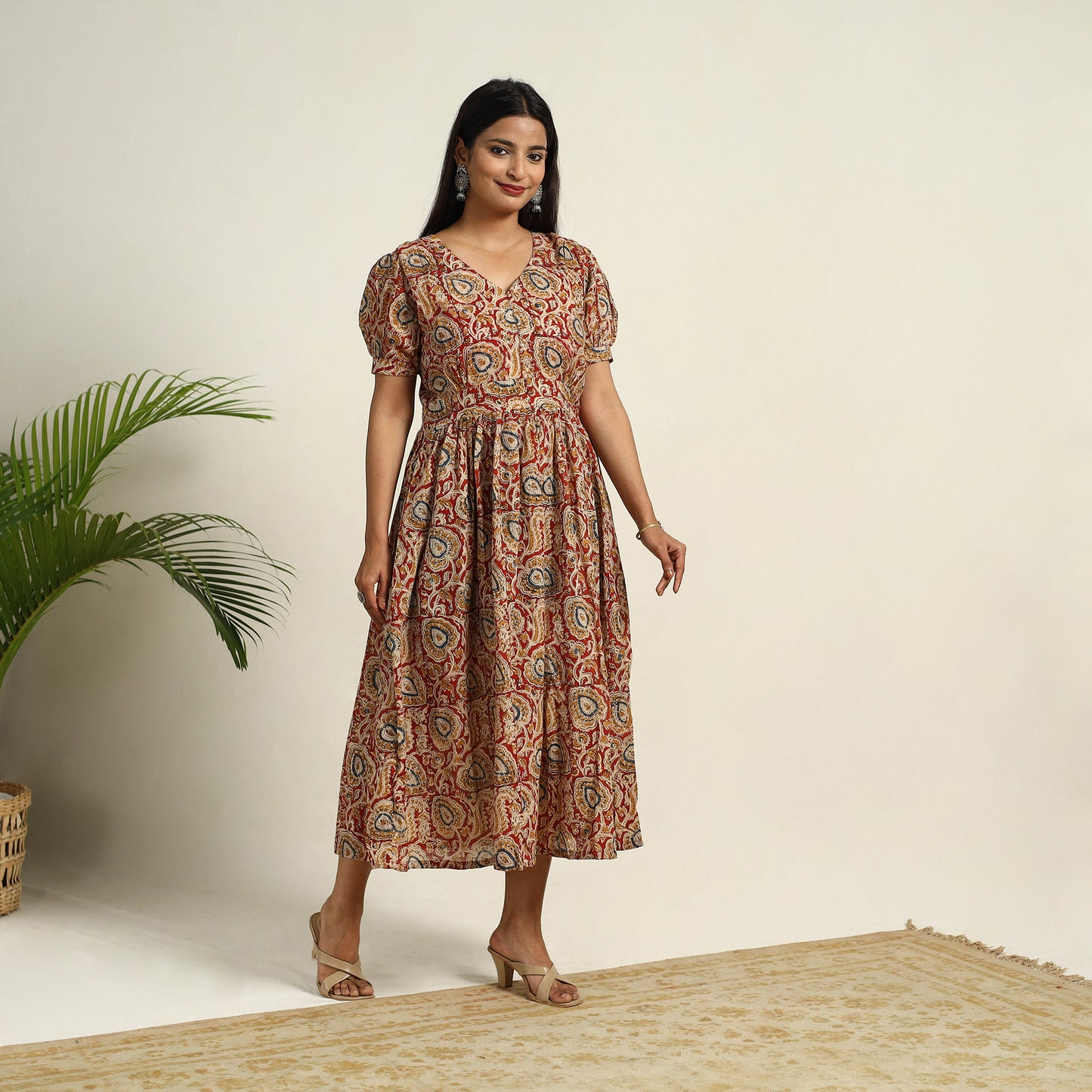 Pedana Block Print Mul Cotton Red Flared Kalamkari Dress