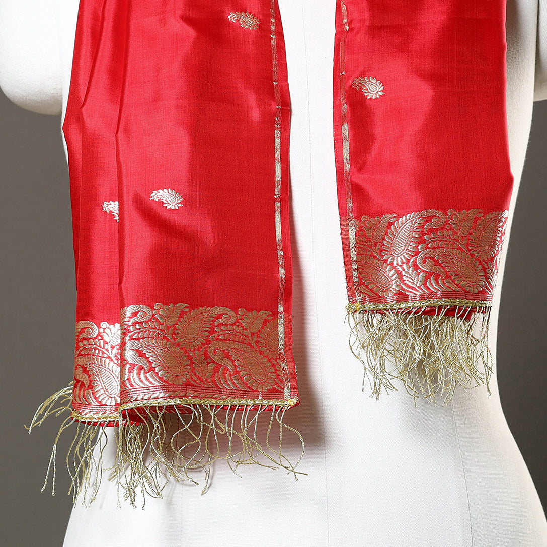 Red - Banarasi Brocade Handloom Mulberry Silk Stole with Tassels 28