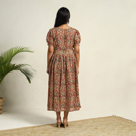 Pedana Block Print Mul Cotton Red Flared Kalamkari Dress