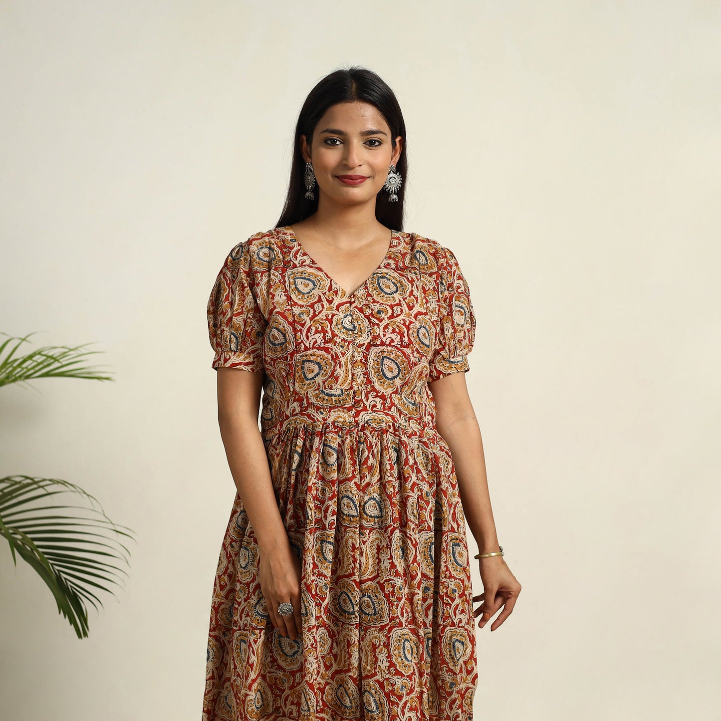 Pedana Block Print Mul Cotton Red Flared Kalamkari Dress