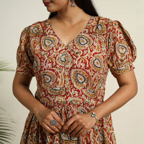 Pedana Block Print Mul Cotton Red Flared Kalamkari Dress