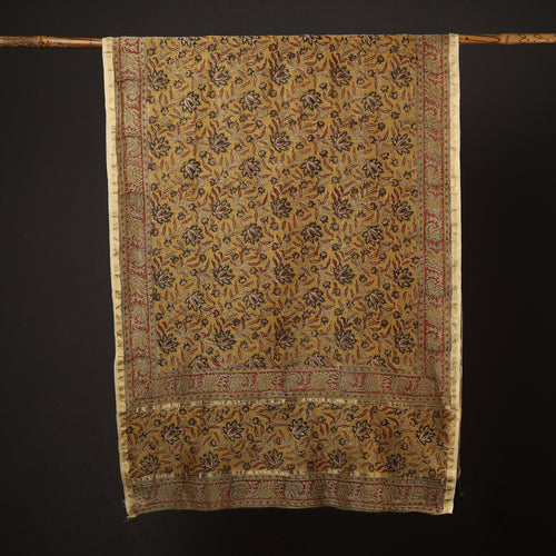 Yellow - Pedana Kalamkari Block Printed Handloom Chanderi Silk Dupatta with Zari Border  68