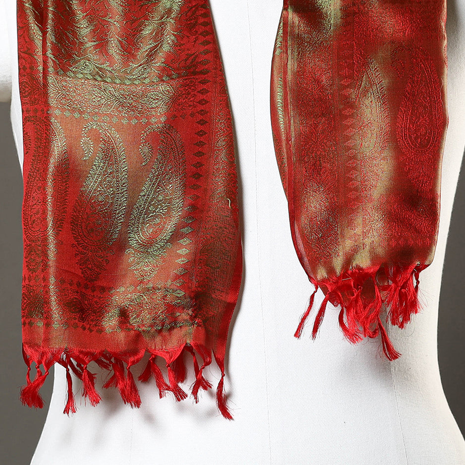 Red - Banarasi Brocade Handloom Mulberry Silk Stole with Tassels 31