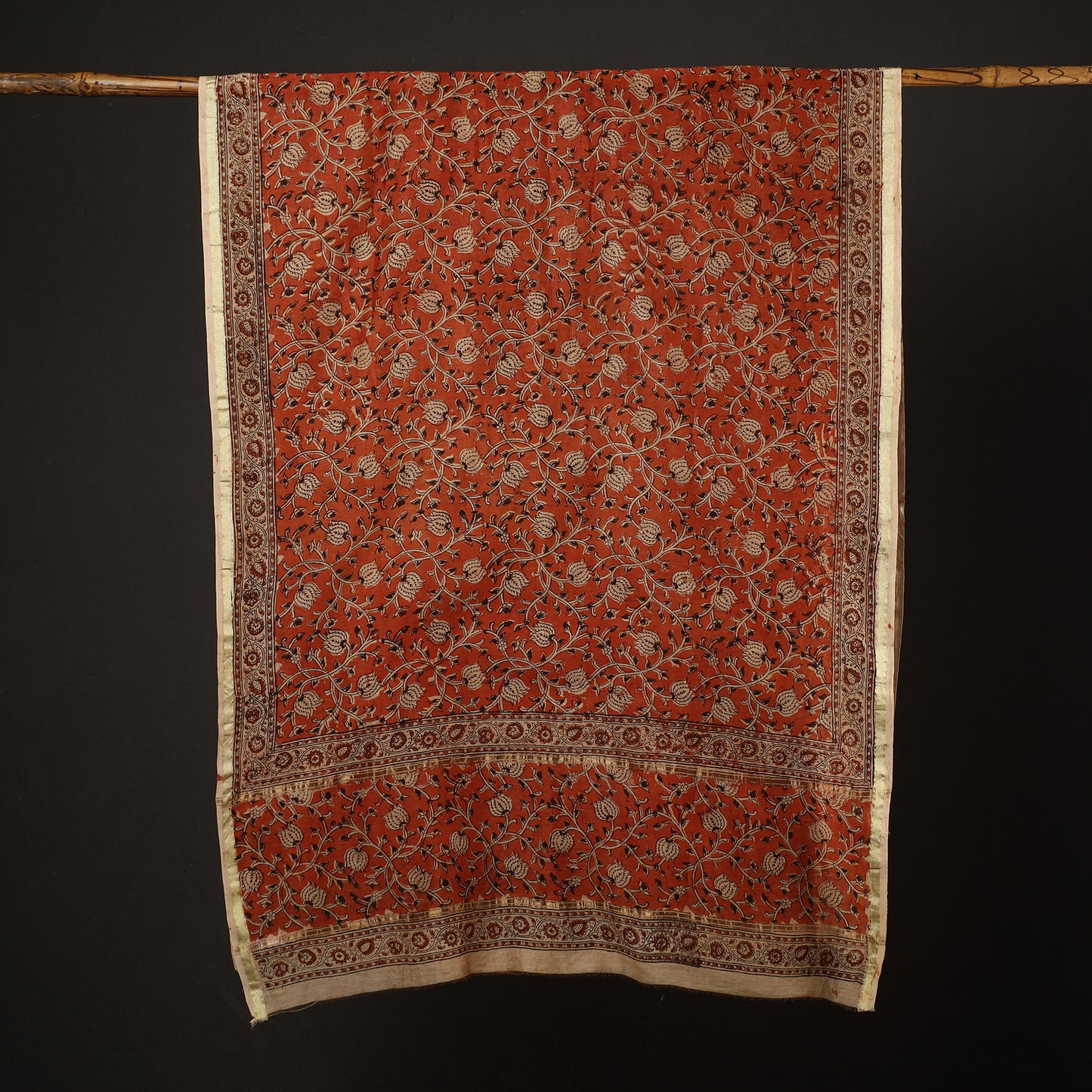 Orange - Pedana Kalamkari Block Printed Handloom Chanderi Silk Dupatta with Zari Border 71