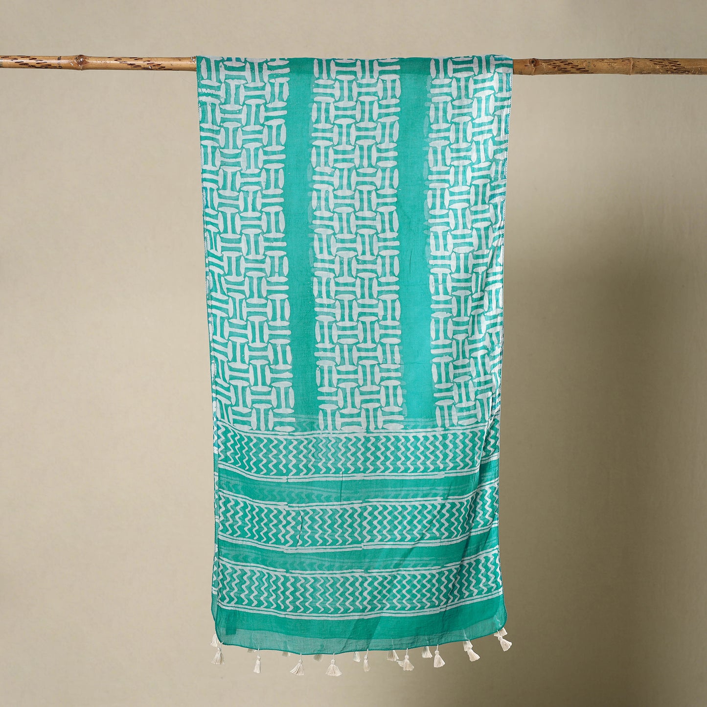 Buy Green Mul Cotton Hand Batik Print Stole with Tassels