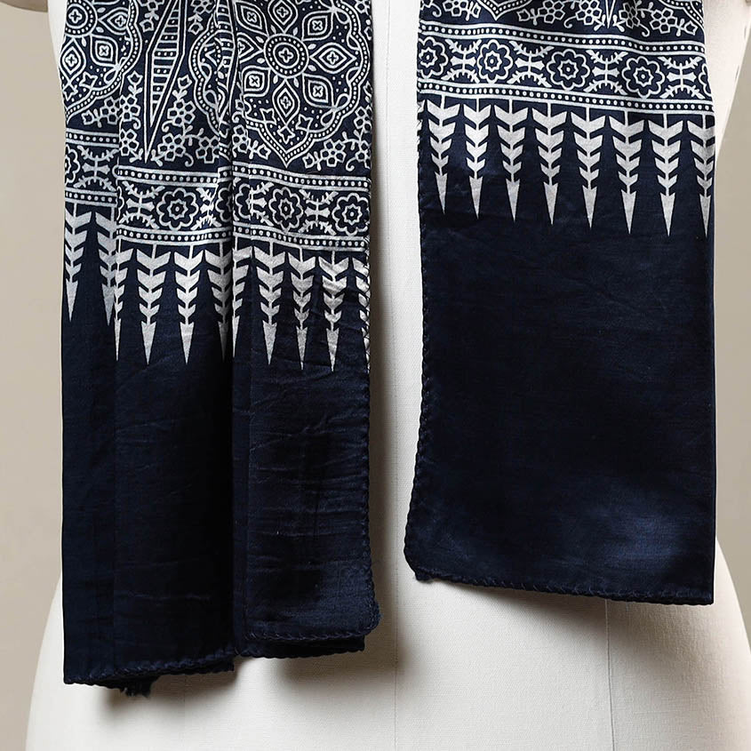 Blue - Printed Mashru Silk Ajrakh Stole 16