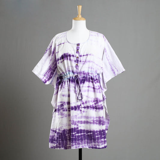 Purple - Shibori Tie-Dye Cotton Kaftan with Tie-Up Waist (Medium)
