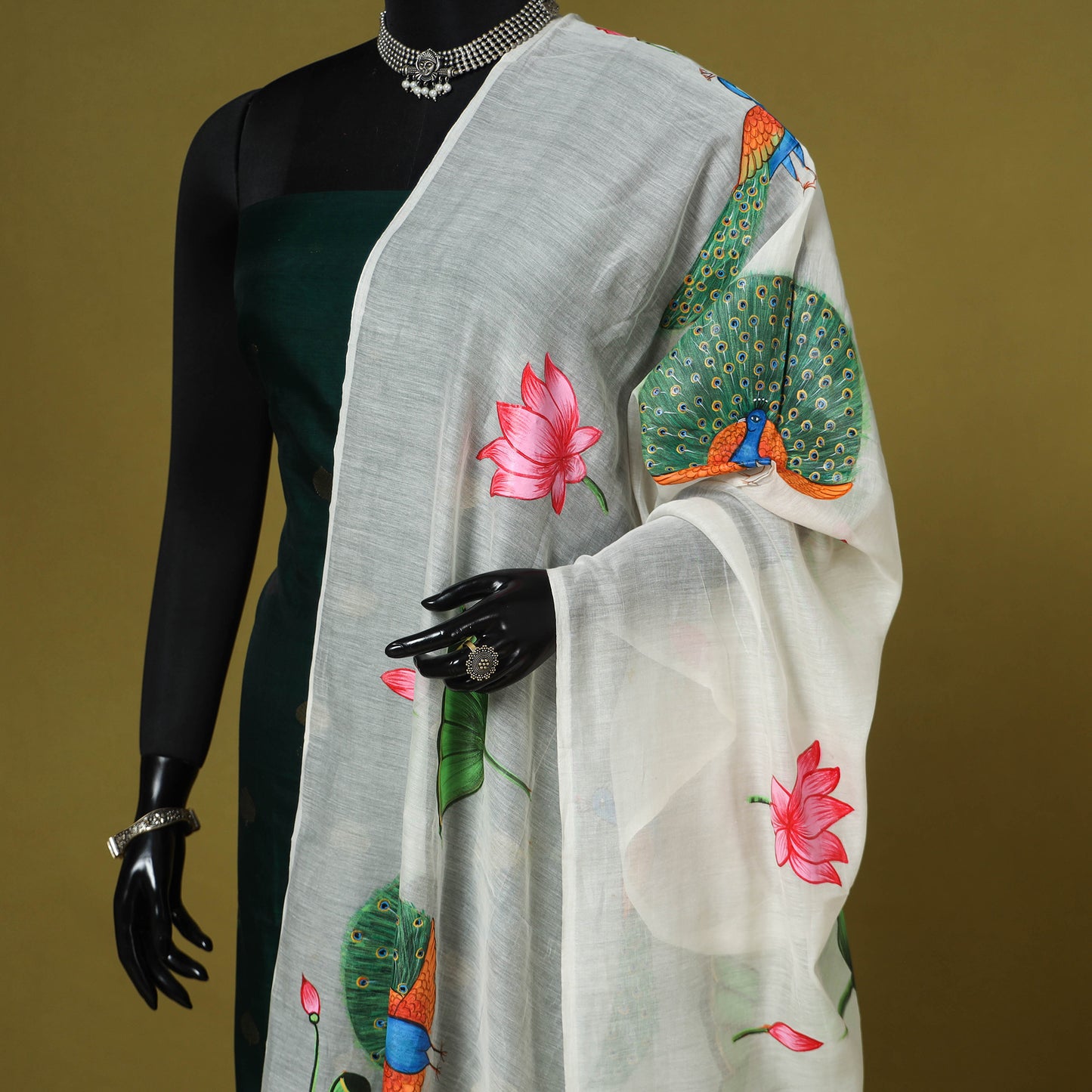 White - chanderi silk handpainted pichwai dupatta 07