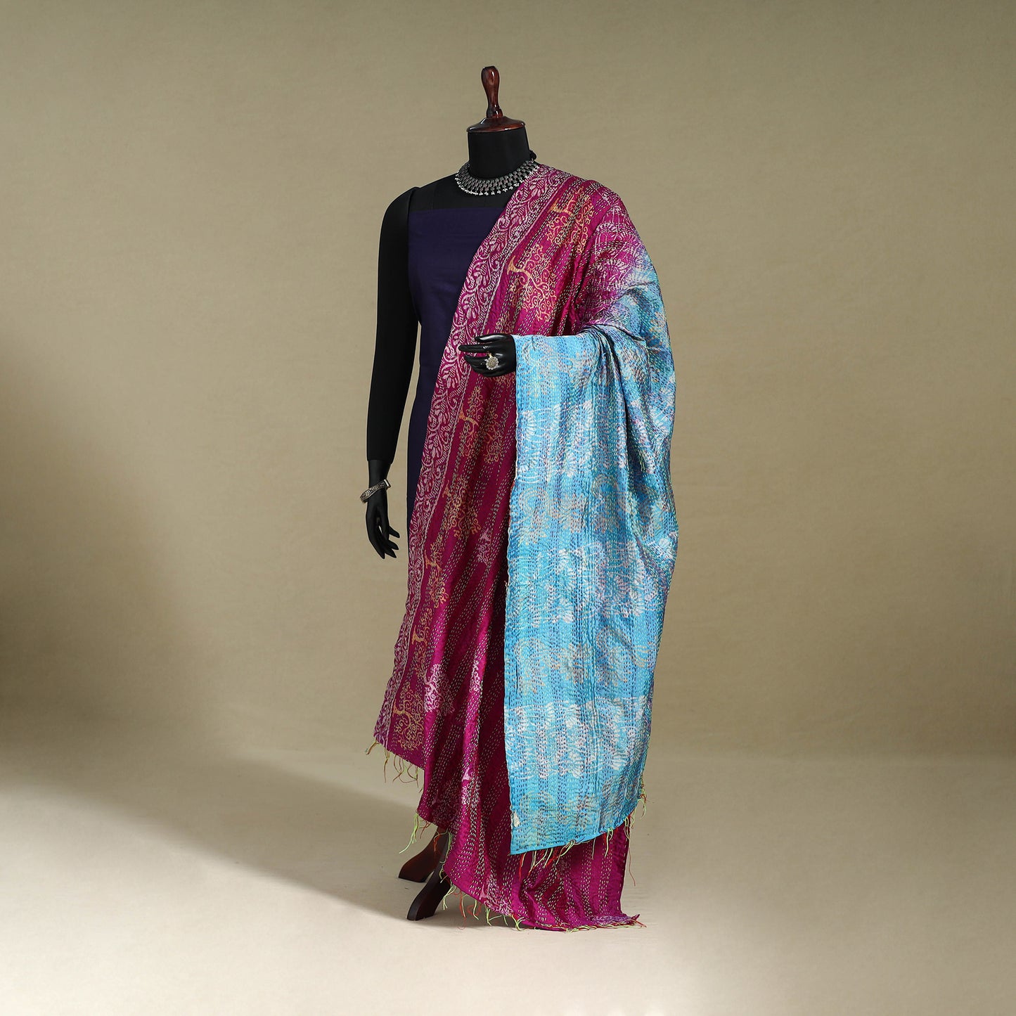 Multicolor - patchwork reversible silk bengal kantha work
