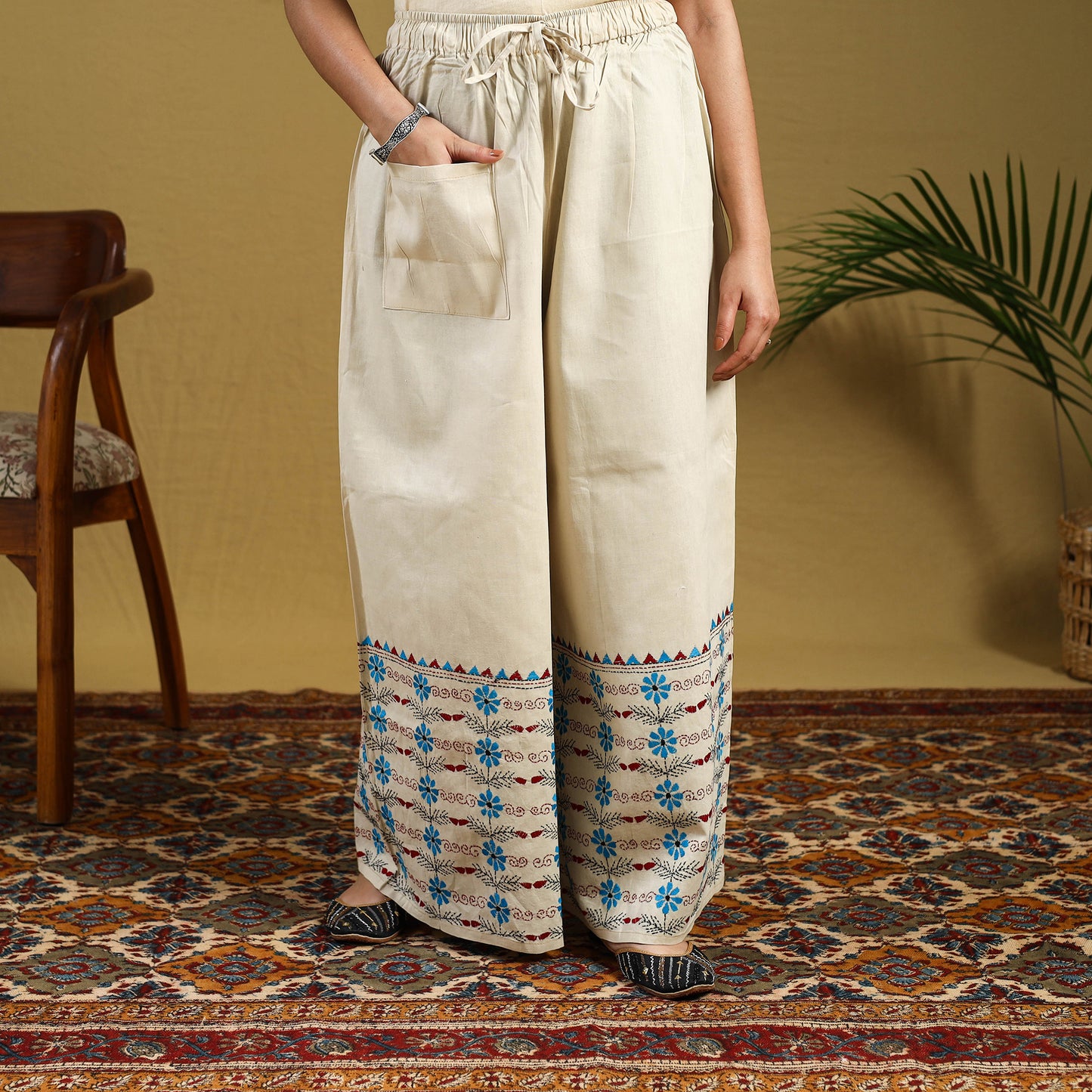 Beige Cotton Bengal Kantha Hand Embroidery Palazzo