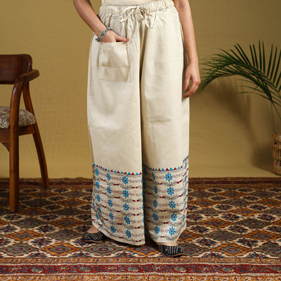Beige Cotton Bengal Kantha Hand Embroidery Palazzo