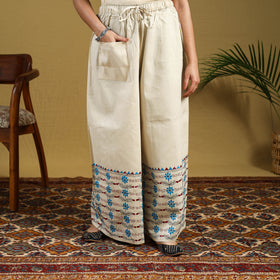 Beige Cotton Bengal Kantha Hand Embroidery Palazzo