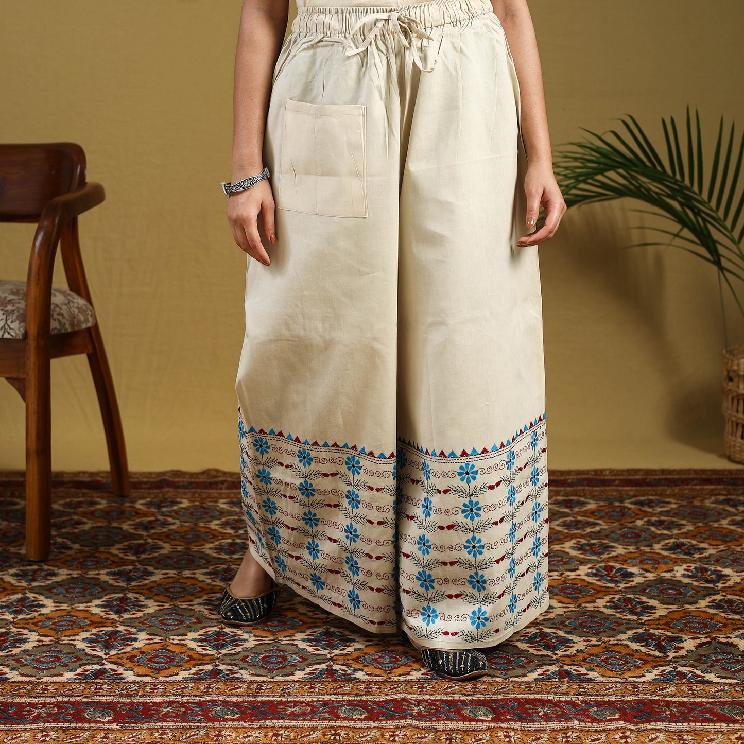 Beige Cotton Bengal Kantha Hand Embroidery Palazzo