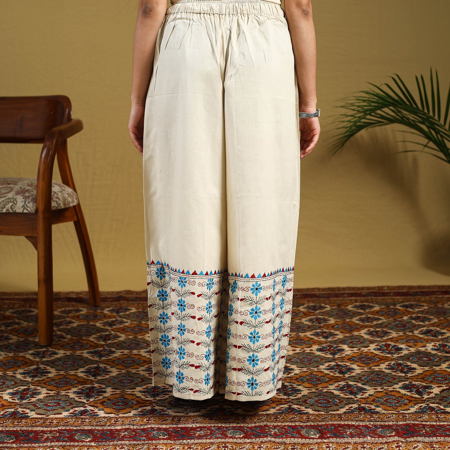 Beige Cotton Bengal Kantha Hand Embroidery Palazzo