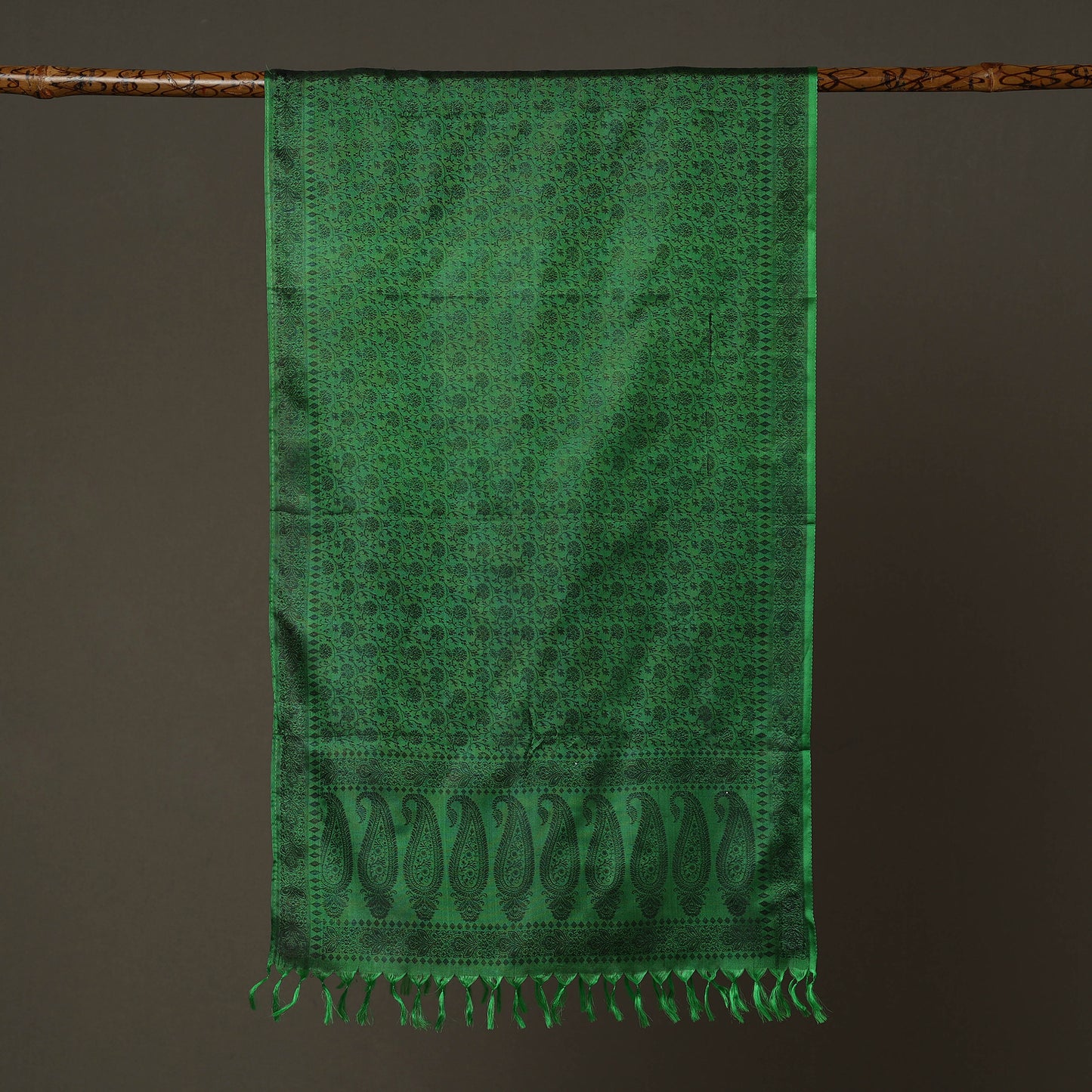 Green - Banarasi Brocade Handloom Mulberry Silk Stole with Tassels 35