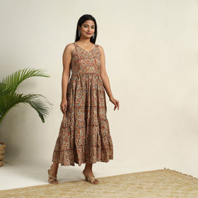 Pedana Block Print Mul Cotton Tiered Red Kalamkari Dress