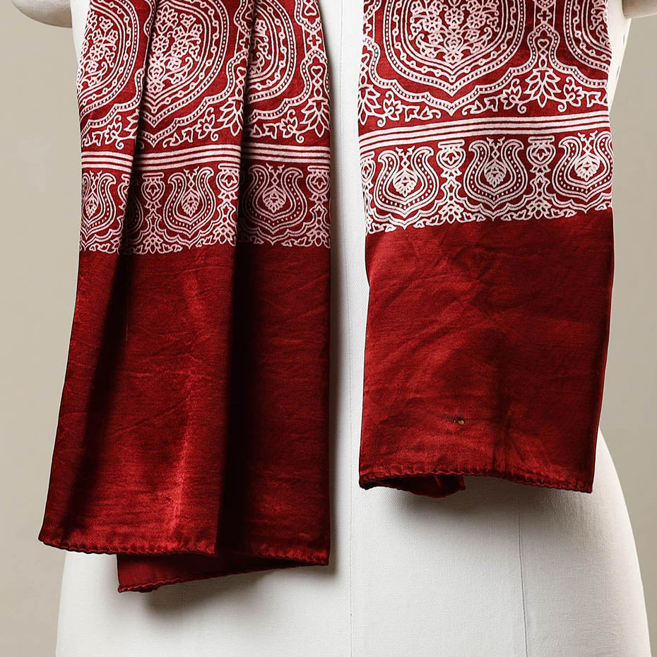 Red - Printed Mashru Silk Ajrakh Stole 25