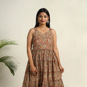 Pedana Block Print Mul Cotton Tiered Red Kalamkari Dress