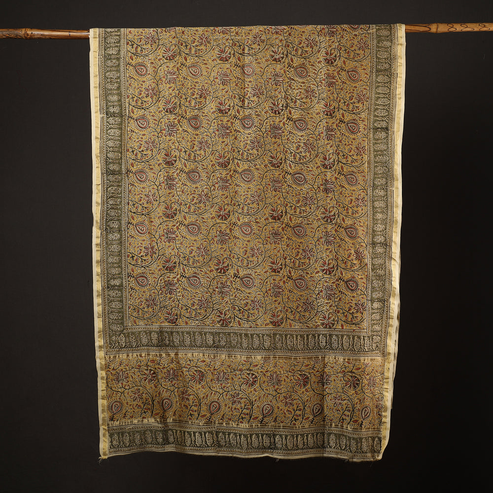 Yellow - Pedana Kalamkari Block Printed Chanderi Silk Handloom Dupatta with Zari Border 79