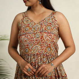 Pedana Block Print Mul Cotton Tiered Red Kalamkari Dress