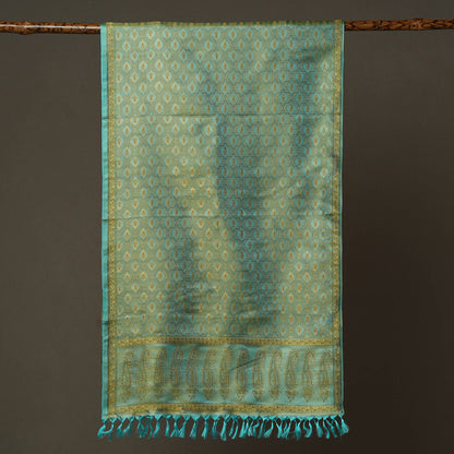 Blue - Banarasi Brocade Handloom Mulberry Silk Stole with Tassels 30
