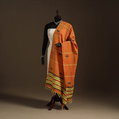Orange Hand Embroidery Khes Handwoven Cotton Kantha Dupatta