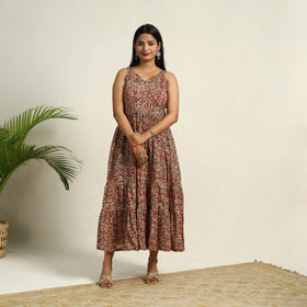 Red Pedana Block Print Mul Cotton Tiered Kalamkari Dress