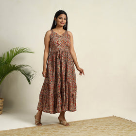 Red Pedana Block Print Mul Cotton Tiered Kalamkari Dress