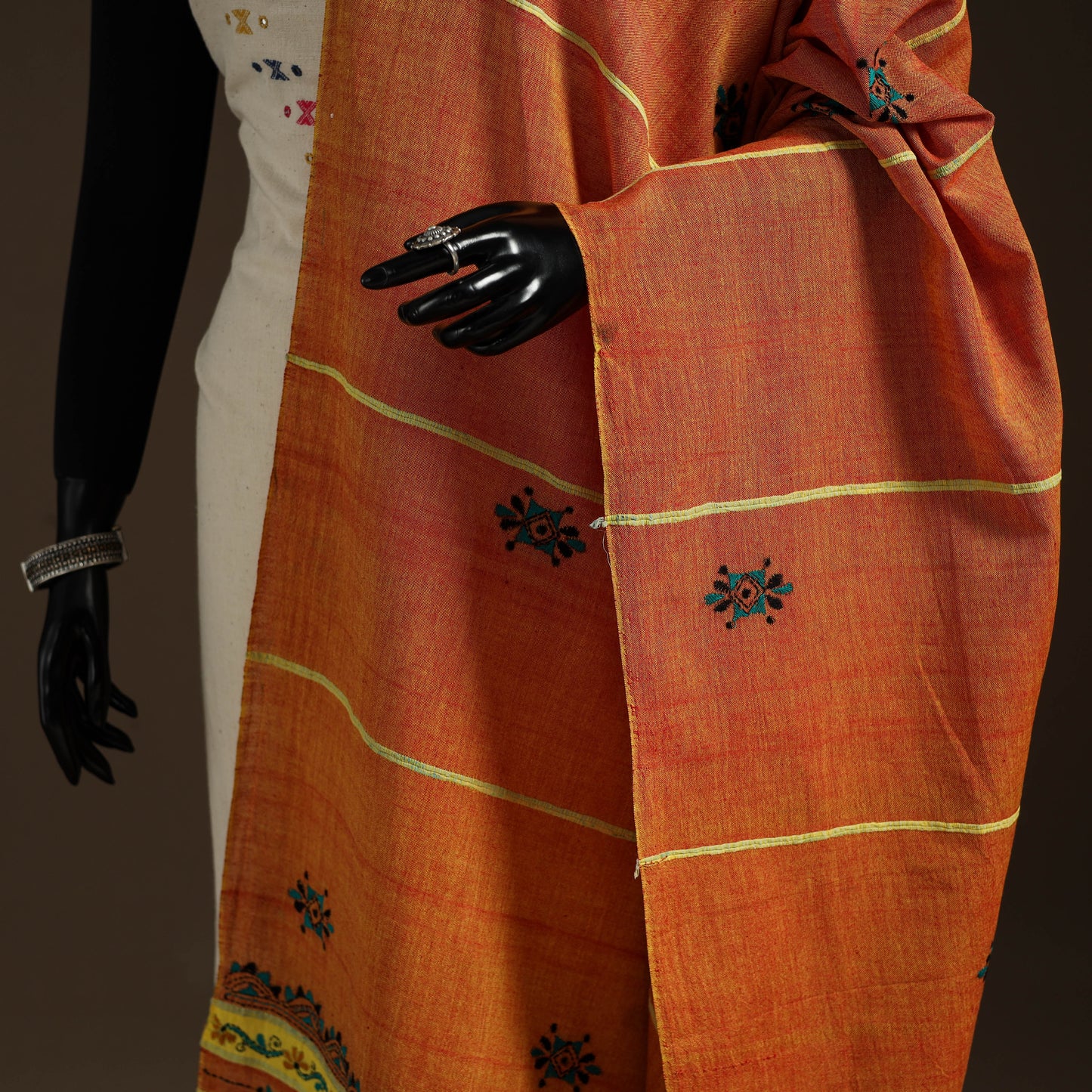 Orange Hand Embroidery Khes Handwoven Cotton Kantha Dupatta