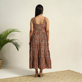 Red Pedana Block Print Mul Cotton Tiered Kalamkari Dress