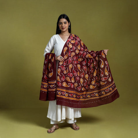  Maroon Cotton Hand Batik Print Dupatta 
