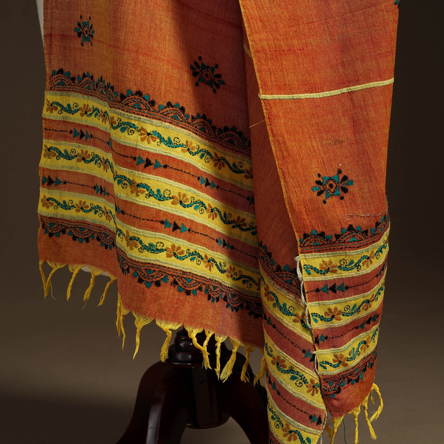 Orange Hand Embroidery Khes Handwoven Cotton Kantha Dupatta