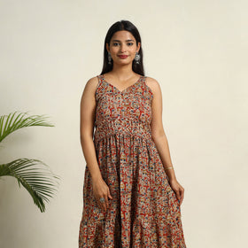 Red Pedana Block Print Mul Cotton Tiered Kalamkari Dress