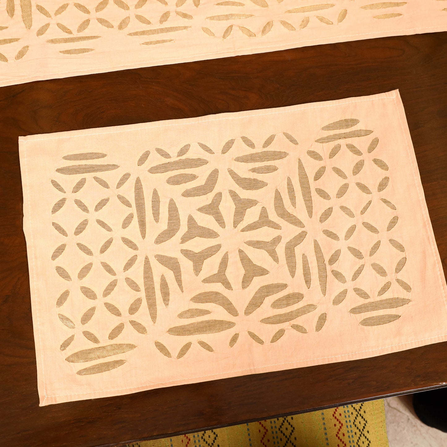 Brown - Barmer Applique Cutwork Dining Table Runner with Mat Set 53