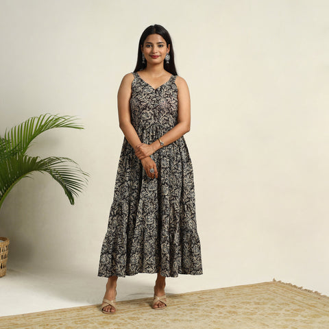 Pedana Block Print Mul Cotton Tiered Kalamkari Dress 13