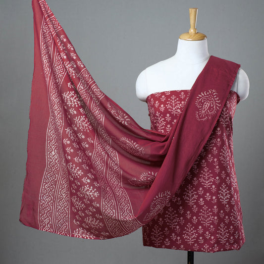 Maroon - 3pc Bagru Block Printed Cotton Suit Material Set 19