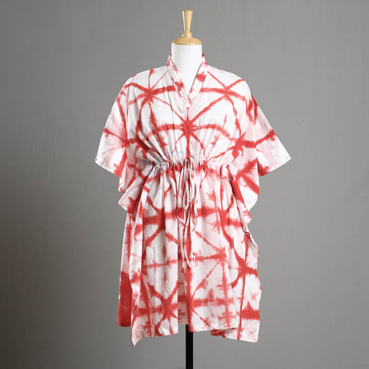 Red - Shibori Tie-Dye Cotton Kaftan with Tie-Up Waist (Medium)