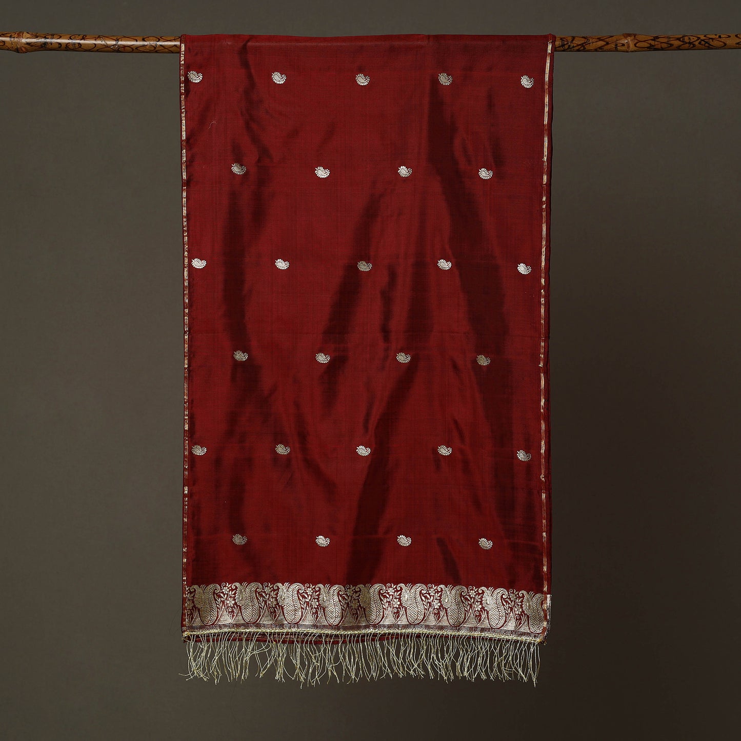Maroon - Banarasi Brocade Handloom Mulberry Silk Stole with Tassels 23