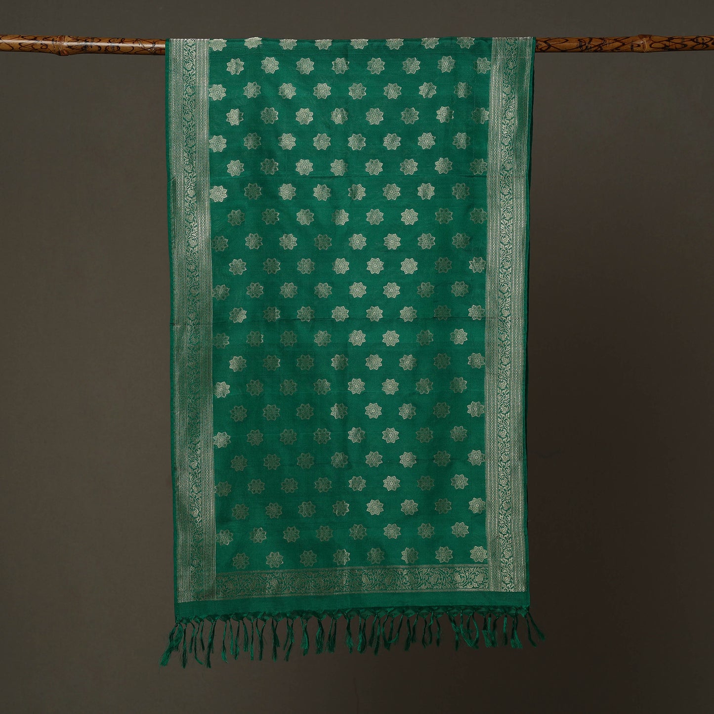 Green - Banarasi Brocade Handloom Mulberry Silk Stole with Tassels 21