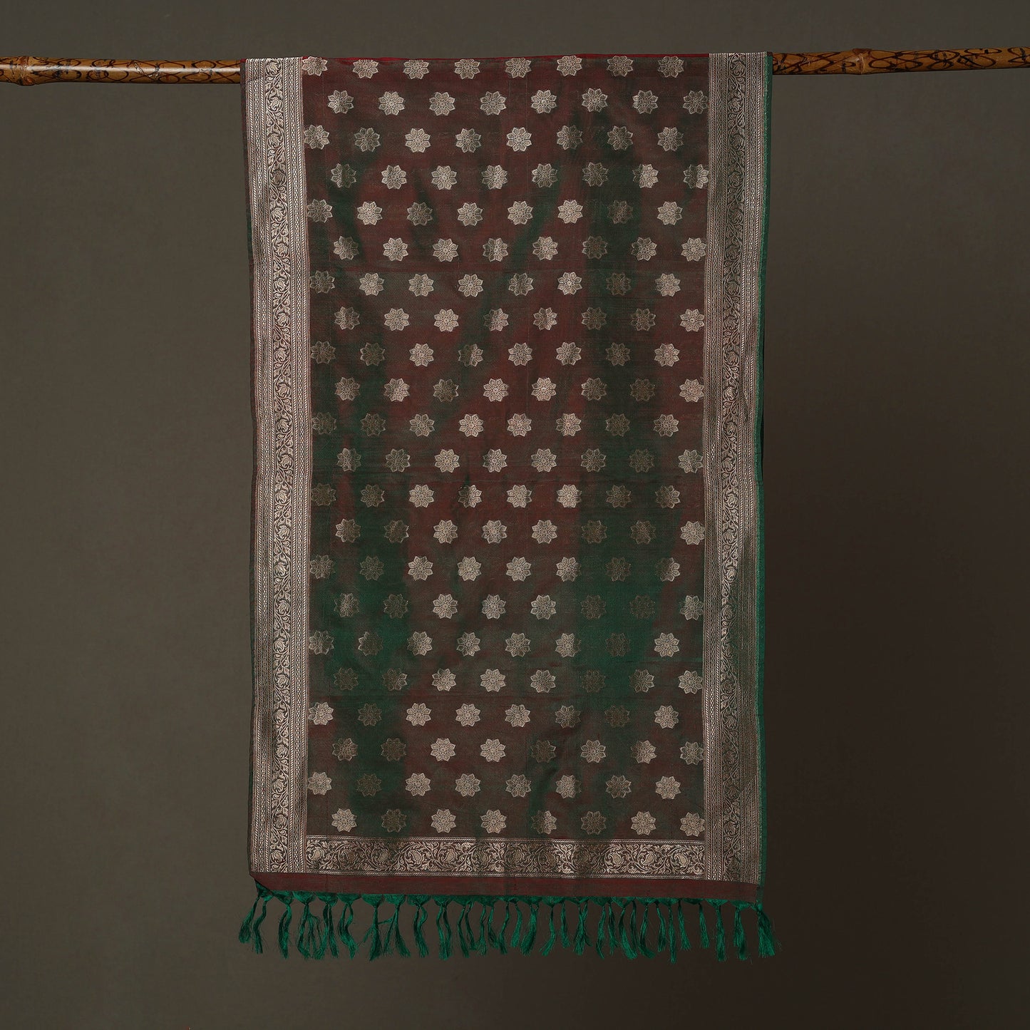 Green - Banarasi Brocade Handloom Mulberry Silk Stole with Tassels 16