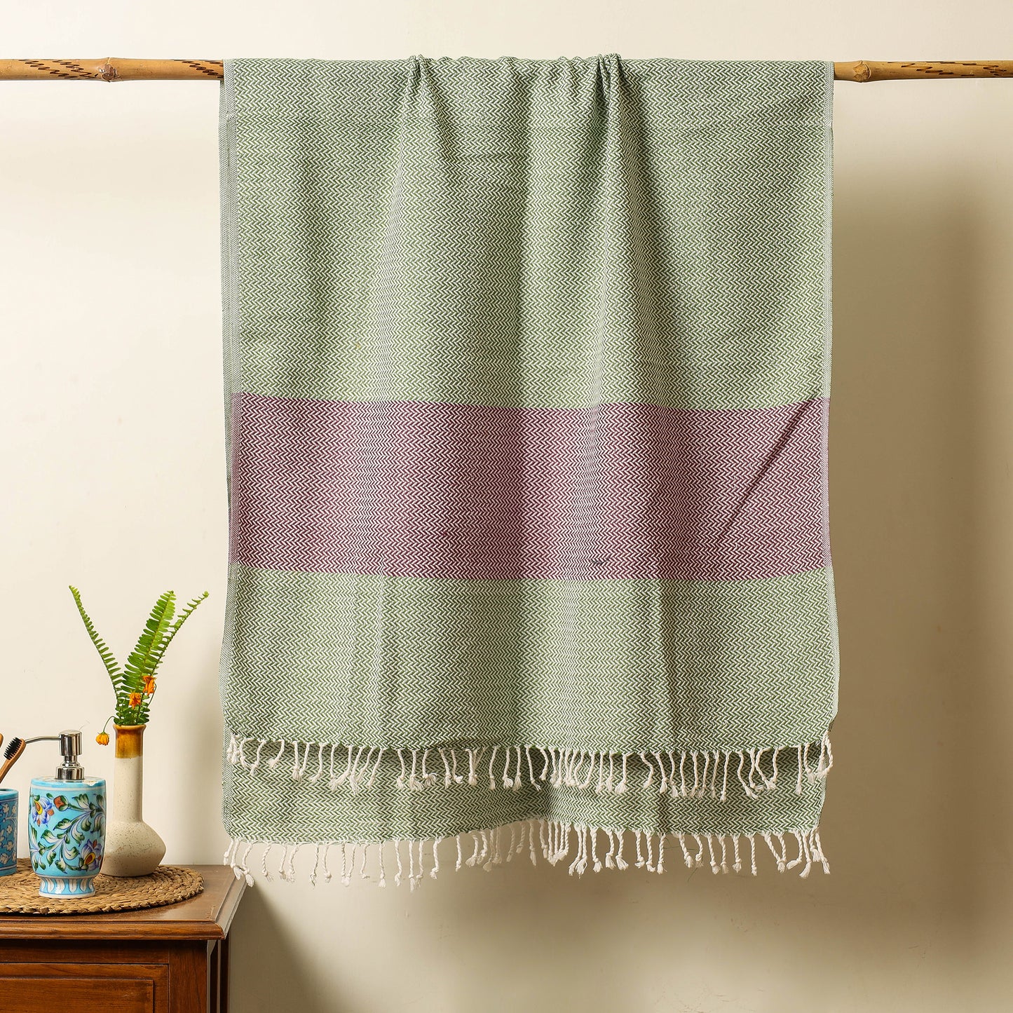 Green - Handloom Cotton Towel with Tassels from Bijnor by Nizam