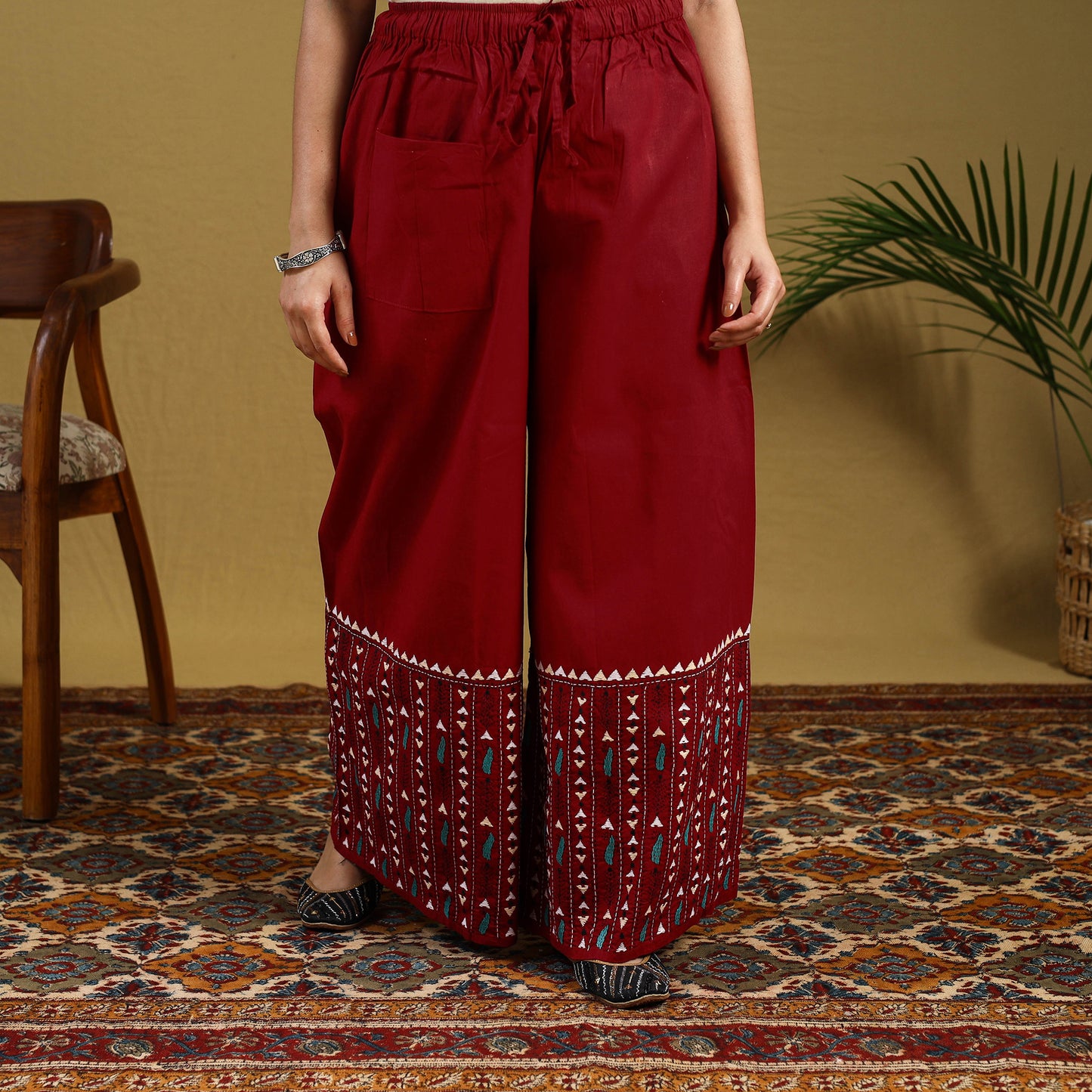 Buy Red Cotton Bengal Kantha Hand Embroidery Palazzo