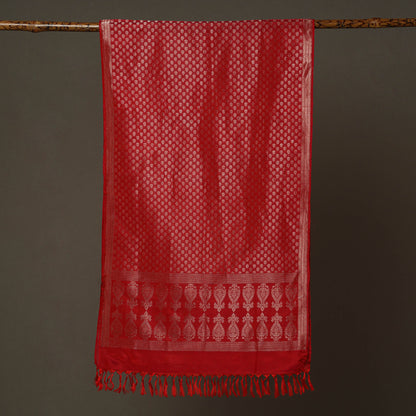 Red - Banarasi Brocade Handloom Mulberry Silk Stole with Tassels 19