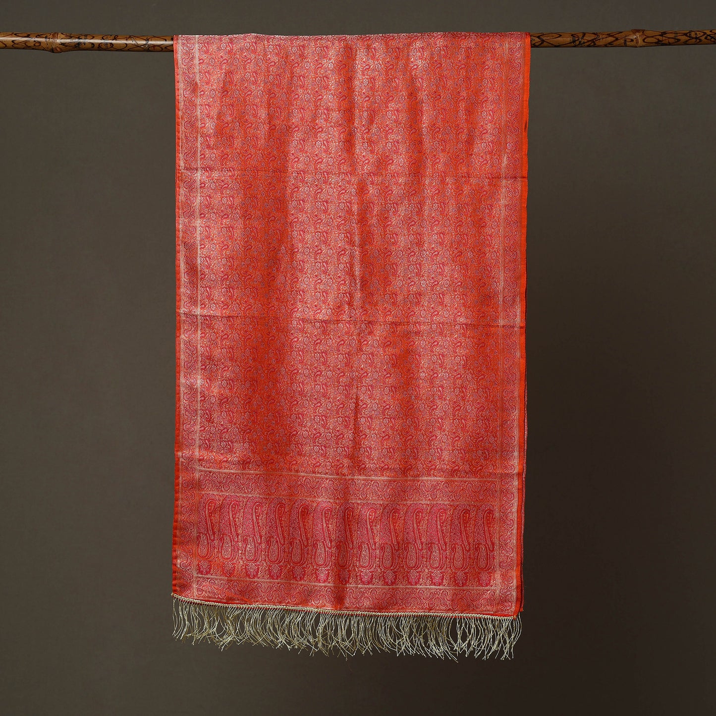 Red - Banarasi Brocade Handloom Mulberry Silk Stole with Tassels 18