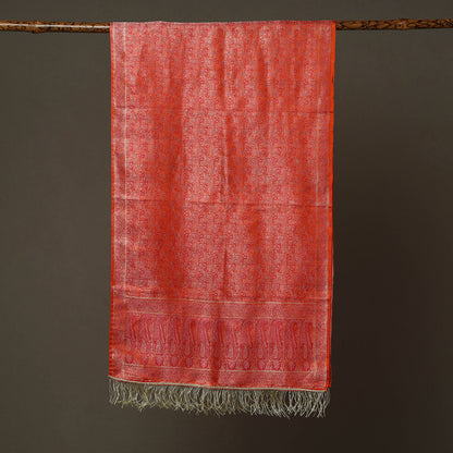 Red - Banarasi Brocade Handloom Mulberry Silk Stole with Tassels 18