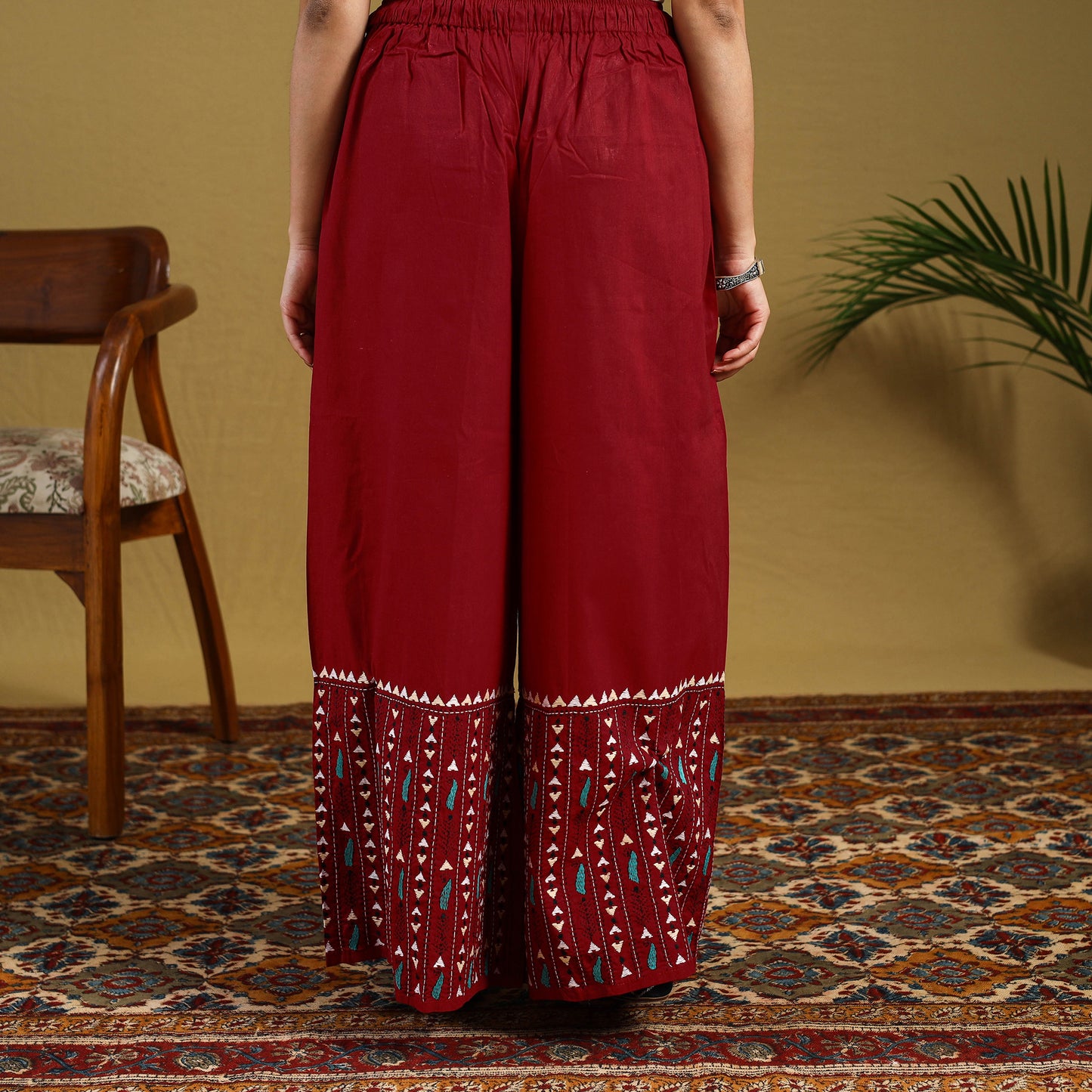 Buy Red Cotton Bengal Kantha Hand Embroidery Palazzo