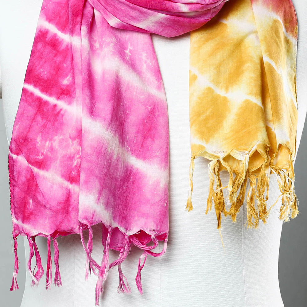 Pink -Shibori Tie-Dye Cotton Stole with Tassels 194