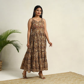 Pedana Block Print Mul Cotton Tiered Brown Kalamkari Dress